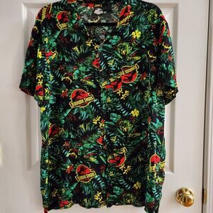 Jurassic Park Jungle Print Button Shirt XL Tropical Dino Hawaiian Camp